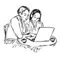 Couple working on laptop, hand drawn ink doodle, sketch, black and white vector