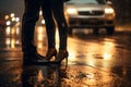 couple kissing on the glowing city lights background, love concept, legs close up, valentines day card Royalty Free Stock Photo
