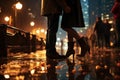 couple kissing on the glowing city lights background, love concept, legs close up, valentines day card Royalty Free Stock Photo