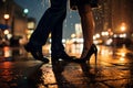 couple kissing on the glowing city lights background, love concept, legs close up, valentines day card Royalty Free Stock Photo