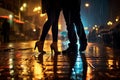 couple kissing on the glowing city lights background, love concept, legs close up, valentines day card Royalty Free Stock Photo