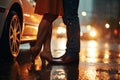 couple kissing on the glowing city lights background, love concept, legs close up, valentines day card Royalty Free Stock Photo