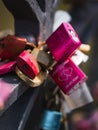 Couple's love locks attached to the railing of a bridge in the port of Hamburg