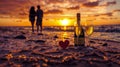 A couple's silhouette against a sunset backdrop with wine and a heart on the beach, symbolizing romance Royalty Free Stock Photo