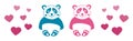 Couple of young blue and pink panda with flying hearts in banner - vector