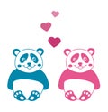 Couple of young blue and pink panda with flying hearts - vector