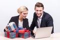 Picture of team of office workers with computer Royalty Free Stock Photo