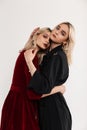 Couple young fashion lesbians in stylish clothes posing in studio. Sexy girl fashion model in black dress hugs girlfriend red wear Royalty Free Stock Photo