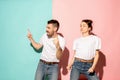 A couple of young man and woman dancing hip-hop at studio. Royalty Free Stock Photo