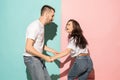 A couple of young man and woman dancing hip-hop at studio. Royalty Free Stock Photo