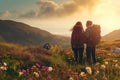 A couple of young hikers with heavy backpacks admiring scenic view of spectacular Irish nature. Breathtaking landscape of Ireland