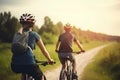 Couple of young man and woman cycling together along the road at sunset time, Generative Ai Royalty Free Stock Photo