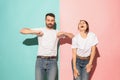 A couple of young man and woman dancing hip-hop at studio. Royalty Free Stock Photo