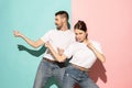 A couple of young man and woman dancing hip-hop at studio. Royalty Free Stock Photo