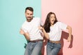 A couple of young man and woman dancing hip-hop at studio. Royalty Free Stock Photo