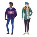 Couple Young mans students in modern spring trendy clothes. Fashion casual outerwear street style characters. Flat Royalty Free Stock Photo