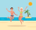 A couple of young men, a man and a woman are jumping on the beach background. Royalty Free Stock Photo