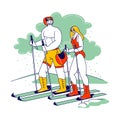 Couple of Young Naked Male and Female Characters Skiing. Man and Woman Wearing Swimsuit and Helmet Riding Ski, Challenge Royalty Free Stock Photo