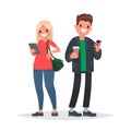 Couple of young people with gadgets. A man with a phone and a woman with a tablet. Vector illustration Royalty Free Stock Photo