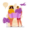 Couple of young people, man and woman with backpacks on holiday trip.flat cartoon characters.