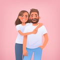 Couple of young people on a pink background. Portrait of happy man and woman embracing. The concept of love and relationships. Royalty Free Stock Photo