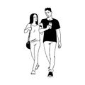 Couple of young people taking a walk together. Front view. Monochrome vector illustration of man with cup of soda and Royalty Free Stock Photo