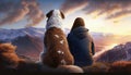 Couple young teen hugging golden puppy on the mountain with beatidul view