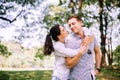Couple young teen in love hugging together at park,Romantic and enjoying in moment of happiness time,Happy and smiling,Positive th Royalty Free Stock Photo