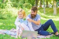 Couple youth spend leisure outdoors working with laptop. How to balance freelance and family life. Couple in love or