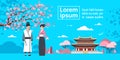 CoupleIn Traditional Korea Costumes Over Sakura Blossom And Korea Palace Landscape Royalty Free Stock Photo