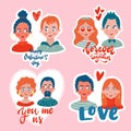 Valentine`s day set of couple and quotes