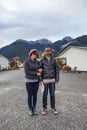 Couples of asian man and woman wearing winter clothes standing