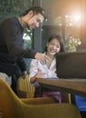 couples of asian younger freelance working with happiness emotion at home office