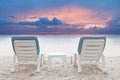 Couples of beach chaire on white sand beach in destination sea s Royalty Free Stock Photo