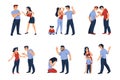 Couples conflict. Cartoon angry men and women characters during conflict, fighting and shouting. Vector set of hard