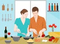 Couples are cooking together in the kitchen. There are bottles of wine and cookware on the blue wall. Royalty Free Stock Photo