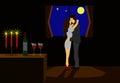 Couples dancing in a candlelit room and a glass of wine on a table. There is a window with a moon in the background