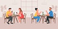 Couples on date in cafe flat color vector illustration