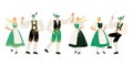 Couples in folk Bavarian costumes. Set of vector illustrations of men and women dancing traditional German dances Royalty Free Stock Photo