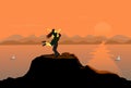 Couples jumping hug at the top of the mountain. The sea and the sunset background Royalty Free Stock Photo