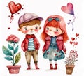 Couples love, valentine day watercolor painting, romantic art, cute teens, nursery art