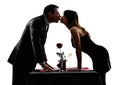 Couples lovers kissing dinner silhouettes