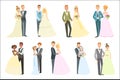 Couples Posing Together On Wedding Day Bright Color Cartoon Simple Style Flat Vector Set
