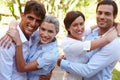 Couples retreat. two happy young couples standing together outside. Royalty Free Stock Photo