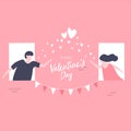 Couples send love in the window for Valentine`s day festival on pink background.