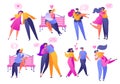 Set of people in love. Valentine dating set. Romantic vector illustration on love story theme. Happy flat people character embrace