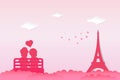 A couples siting in a outdoors chair seeing Eiffel tower. Couple lovers scenery in Paris. Vector valentines day Royalty Free Stock Photo