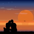 Couples sitting together looking at the sunset silhouette