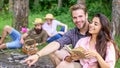 Couples spend time outdoors on sunny day. Pleasant weekend. Youth on picnic or hike relaxing and having fun. Couples Royalty Free Stock Photo