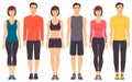 Couples in sportswear. Young men and women standing in full growth in different sports clothes for exercises in gym, running, fitn